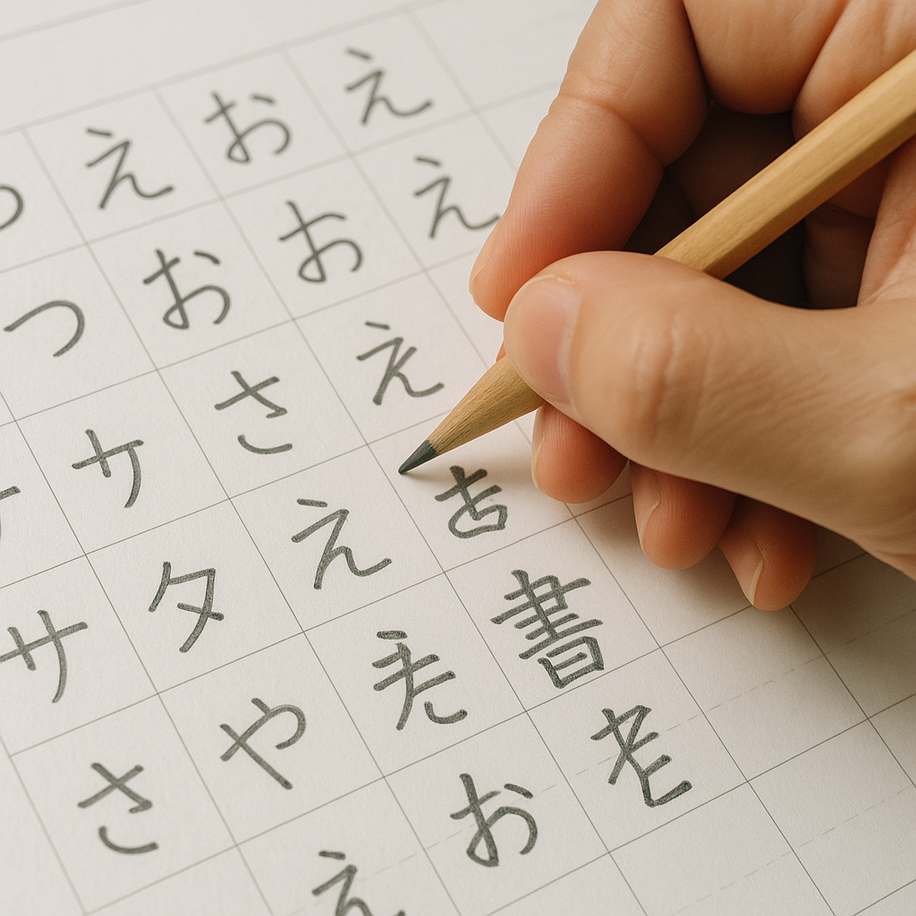 Beginner student studying Japanese fast with books and Kanji writing practice